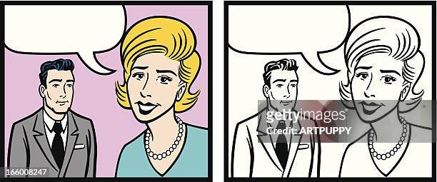 comic-frau und mann mit frisur - 1950s couple stock-grafiken, -clipart, -cartoons und -symbole