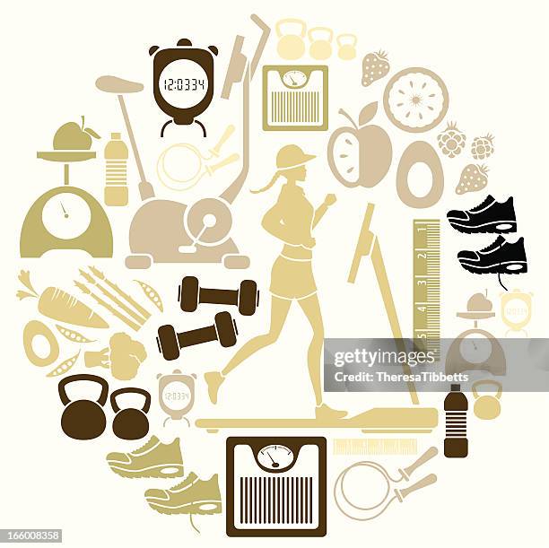 diet and exercise icon set - woman kettlebell stock illustrations