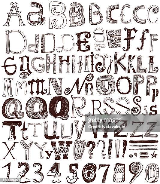 hand drawn alphabet letters and numbers - letter o stock illustrations