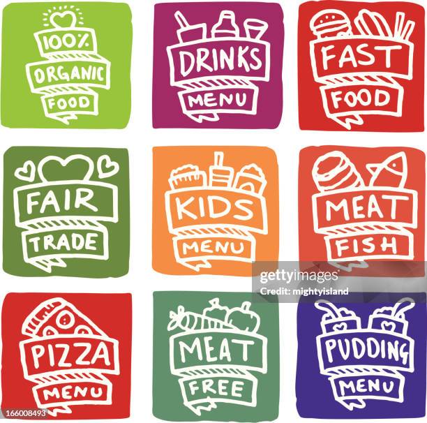menu item icons block icon set - fish chips stock illustrations