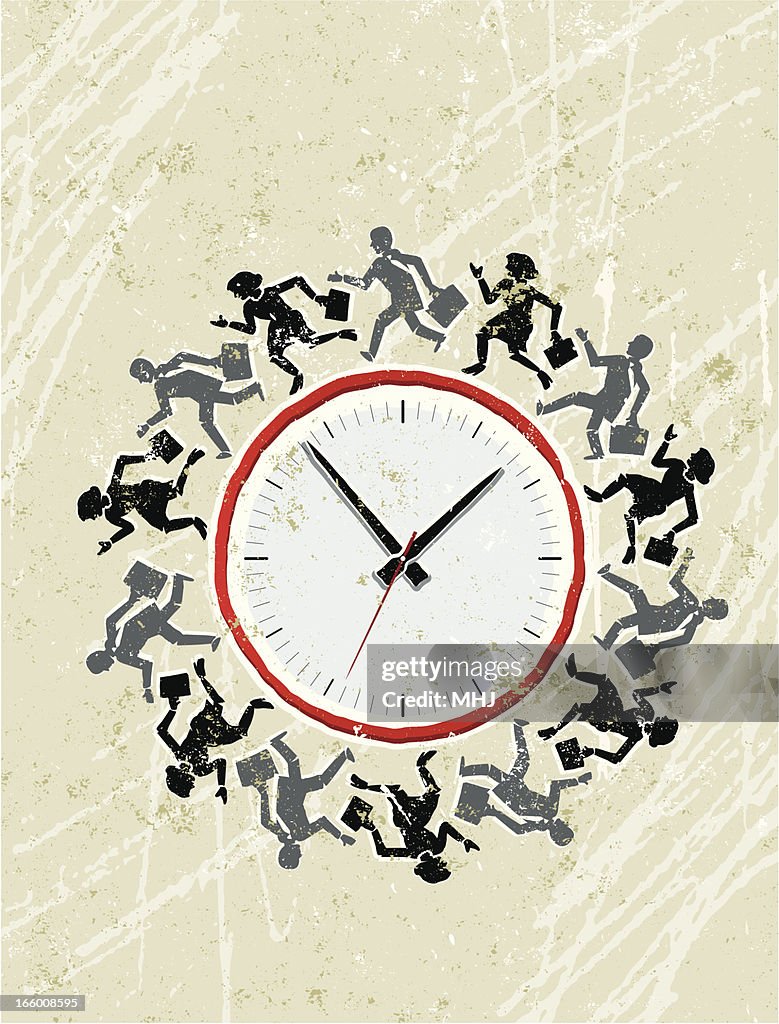 Business Men and Women Running Around a Clock