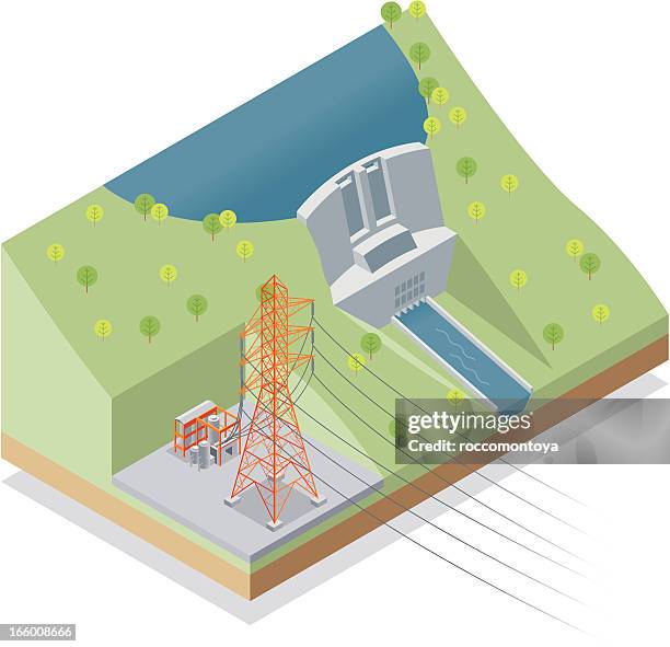 isometric, hydroelectric power station - water energy stock illustrations