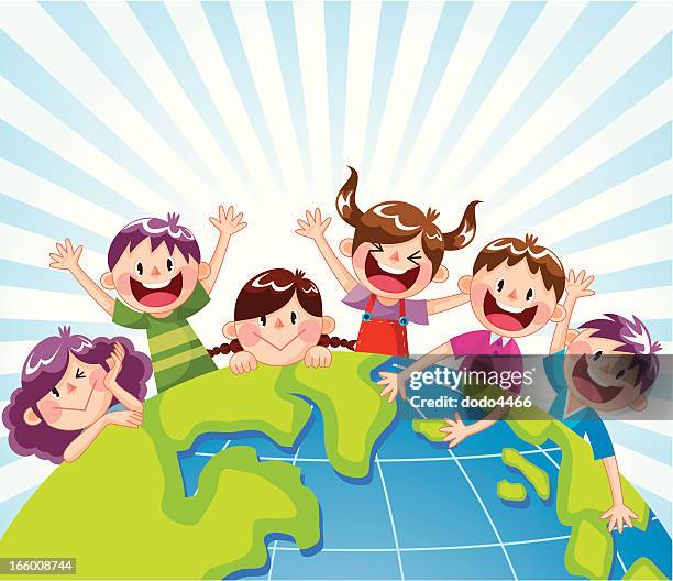 illustrazioni stock, clip art, cartoni animati e icone di tendenza di bambino felice in tutto il mondo - giorno dei bambini