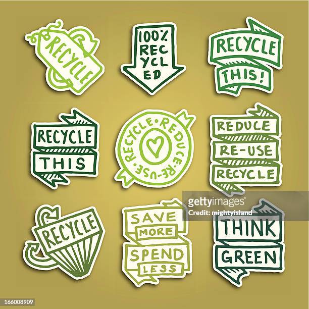 ilustraciones, imágenes clip art, dibujos animados e iconos de stock de nota adhesiva de reciclaje iconos vector conjunto de icono de tarjeta - recycling symbol