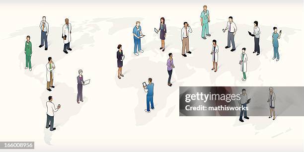 world map with healthcare professionals - asian guy reading tablet stock illustrations