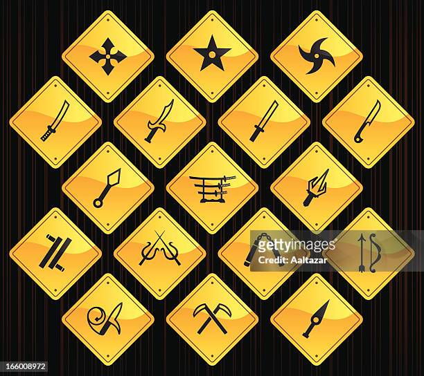 yellow road signs - japanese ninja weapons - throwing star stock illustrations