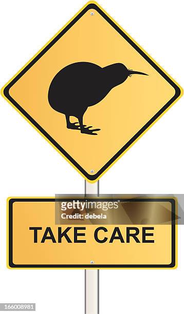 stockillustraties, clipart, cartoons en iconen met take care kiwi road sign - animal crossing sign