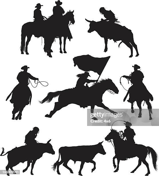 multiple images of rodeo in action - bucking bronco stock illustrations