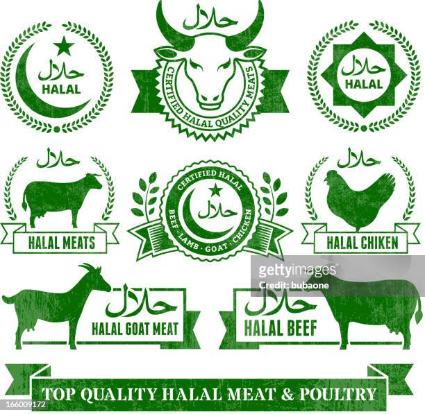 halal organic meat and poultry grunge vector icon set - halal stock illustrations