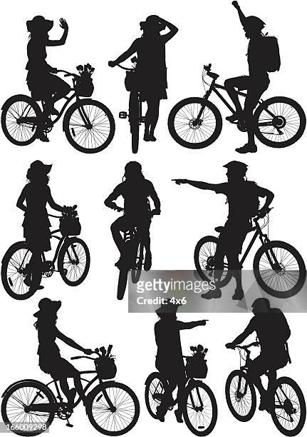 stockillustraties, clipart, cartoons en iconen met multiple images of men and women with bicycle - fiets hoed
