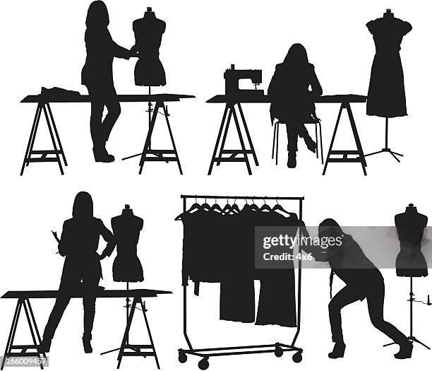 mehrere bilder von ein mode-designer bei studio - schneiderberuf stock-grafiken, -clipart, -cartoons und -symbole