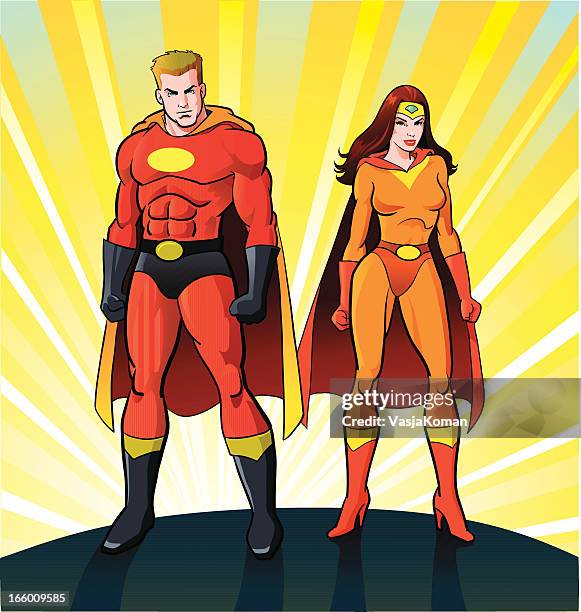 male and female super heroes - superhero cartoon stock illustrations