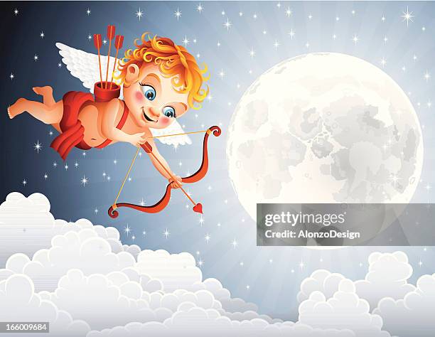 happy amor fliegen über den wolken - cupid stock-grafiken, -clipart, -cartoons und -symbole