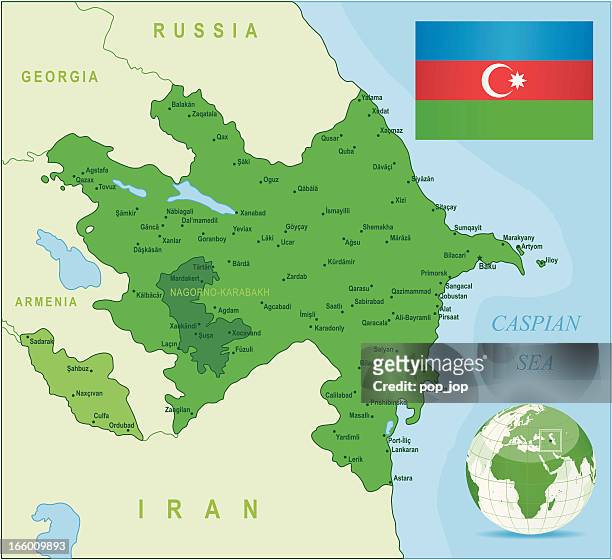 ilustraciones, imágenes clip art, dibujos animados e iconos de stock de verde de azerbaiyán-mapa de estados, ciudades y bandera - georgia
