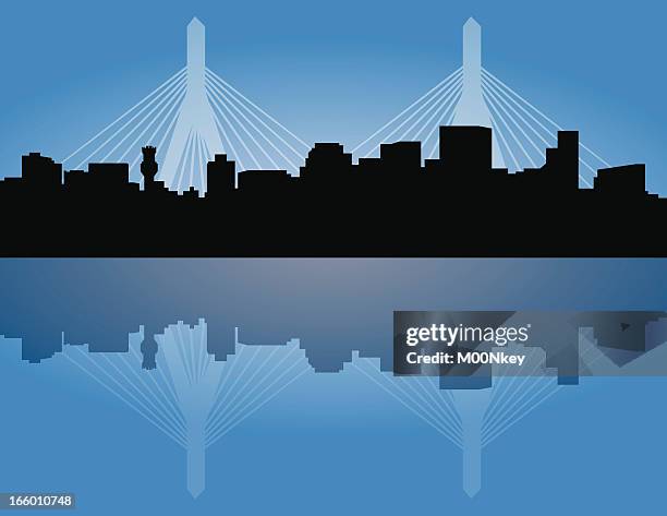skyline von boston mit zakim-brücke - boston stock-grafiken, -clipart, -cartoons und -symbole