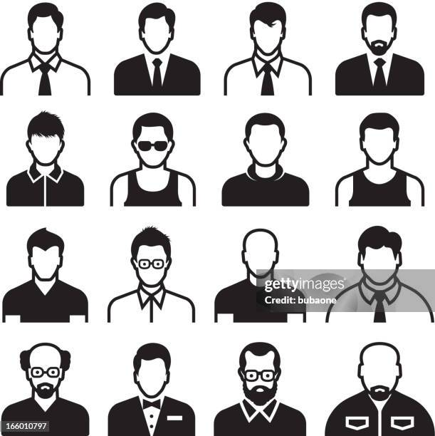 ilustraciones, imágenes clip art, dibujos animados e iconos de stock de hombre differnent tipos de cuerpo negro & conjunto de iconos de vector blanco - con barba y gafas