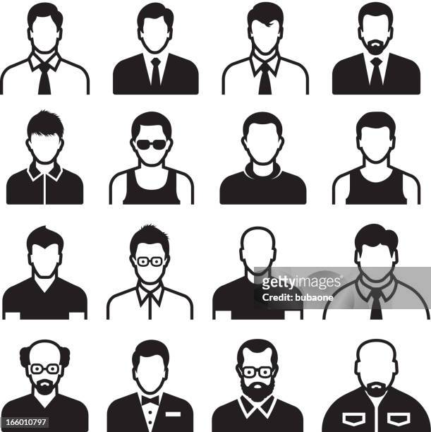 ilustrações de stock, clip art, desenhos animados e ícones de tipos de corpo negro homem differnent & branco vector conjunto de ícones - man sunglasses face