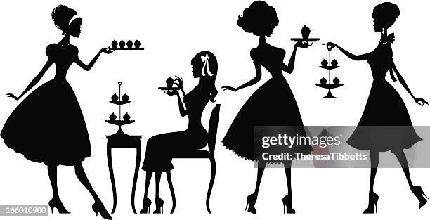stockillustraties, clipart, cartoons en iconen met cupcake ladies - afternoon tea