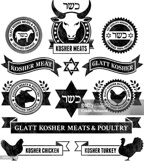 organic kosher meat and poultry black & white icon set - kosher stock illustrations