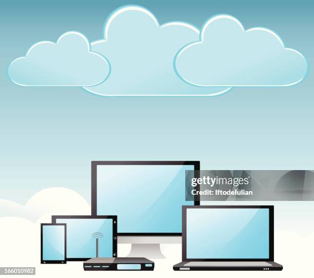cloud computing view - sharing digital information stock illustrations