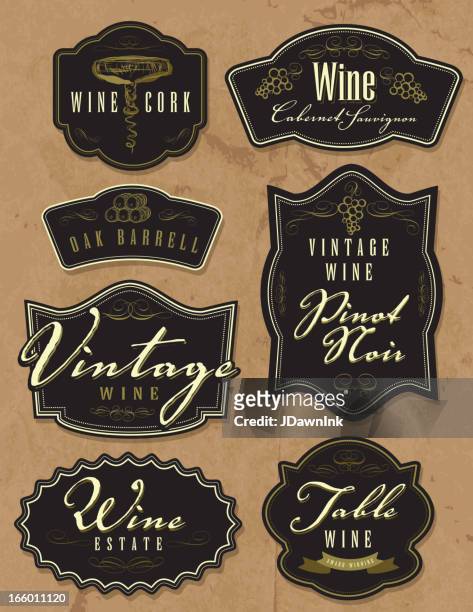verschiedene vintage etiketten auf papier hintergrund - wine stock-grafiken, -clipart, -cartoons und -symbole