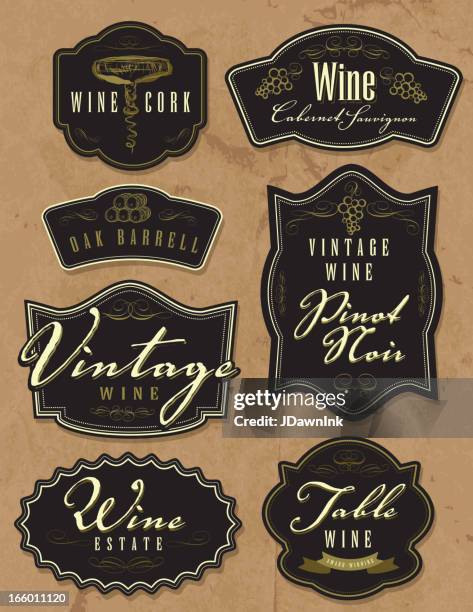 stockillustraties, clipart, cartoons en iconen met assorted vintage wine bottle labels on paper background - wine corks