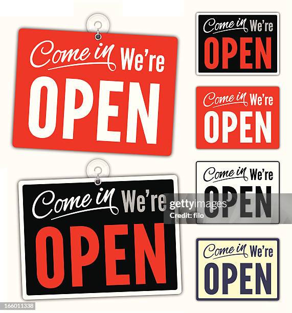 ilustraciones, imágenes clip art, dibujos animados e iconos de stock de abierto de señales - open sign