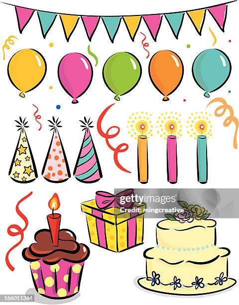 party icon set - pink birthday cake icon stock illustrations