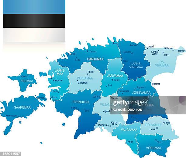 map of estonia - states, cities and flag - estonia map stock illustrations