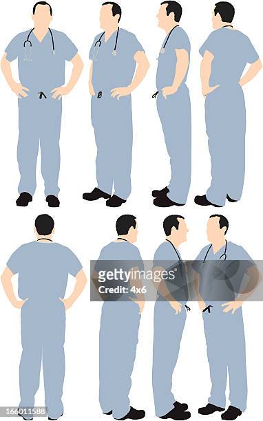 multiple images of a doctor with hands on hips - full length stock illustrations