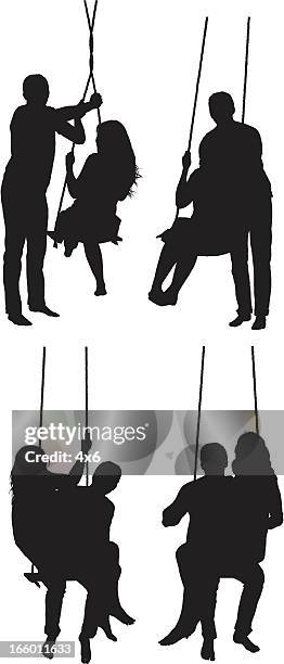 romantic couple posing on a swing - couple swinging stock illustrations