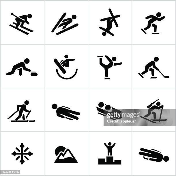 ilustraciones, imágenes clip art, dibujos animados e iconos de stock de negro/iconos de juegos de deportes de invierno - curling