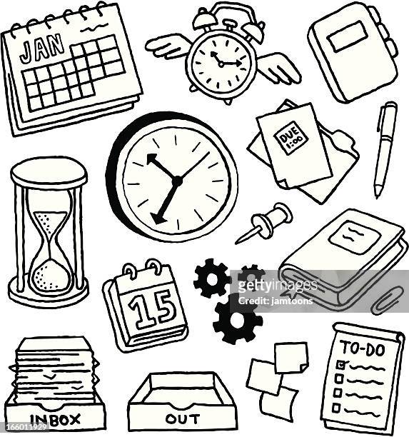 stockillustraties, clipart, cartoons en iconen met time management doodles - kantoorartikel