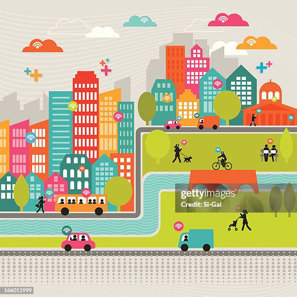 dynamic urban network - smartphone car stock illustrations
