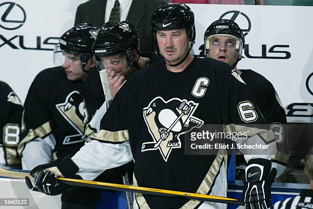 Mario Lemieux of the Pittsburgh Penguins stands on the ice during the NHL game against the Florida Panthers on November 6, 2002 at the Office Depot...