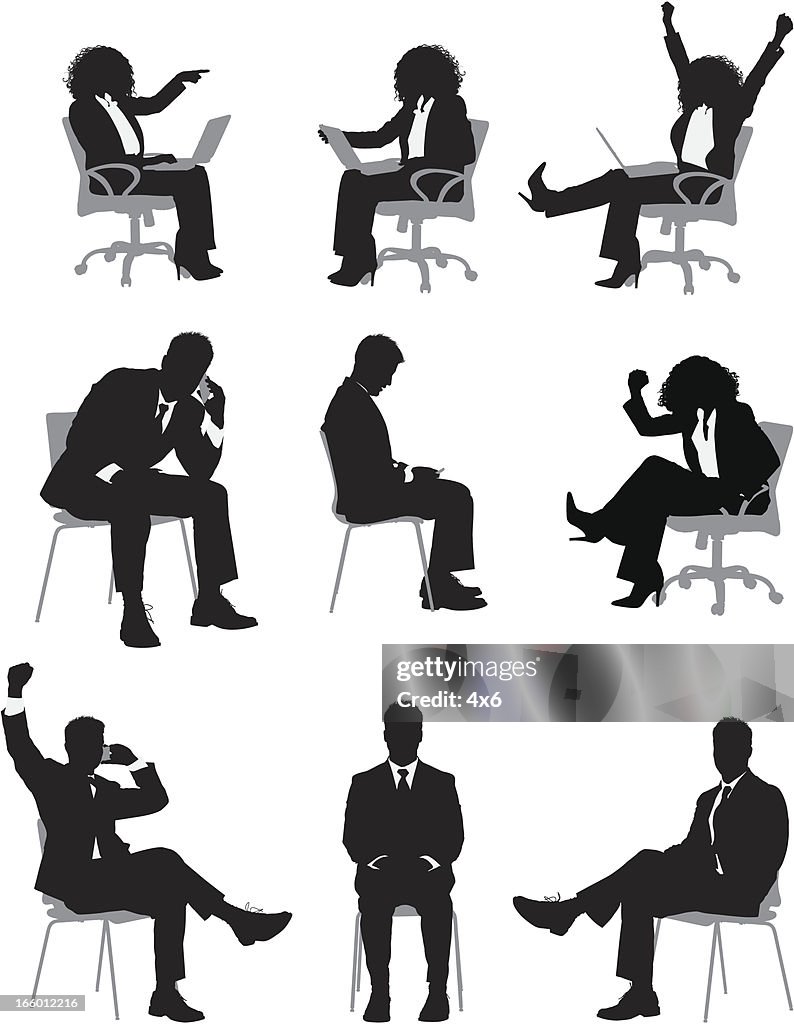 Multiple images of busines people sitting on chair