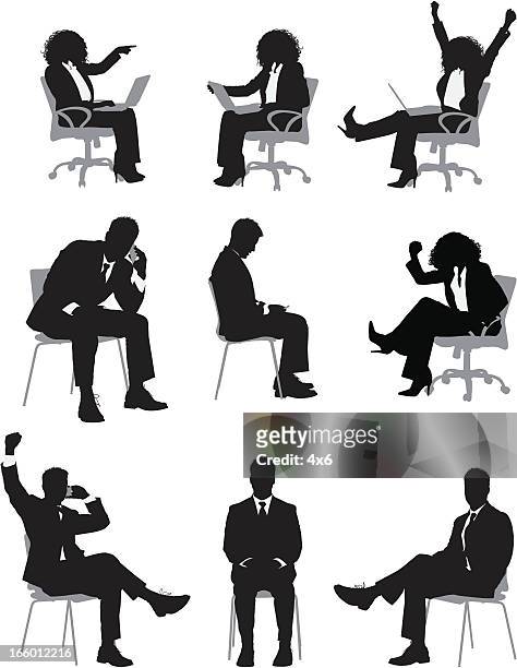 multiple images of busines people sitting on chair - sitting stock illustrations