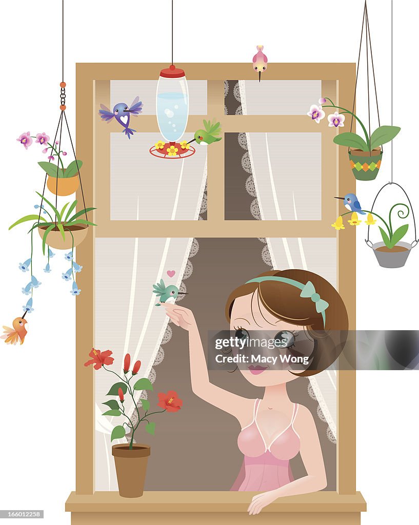 Cute kawaii hummingbirds window girl
