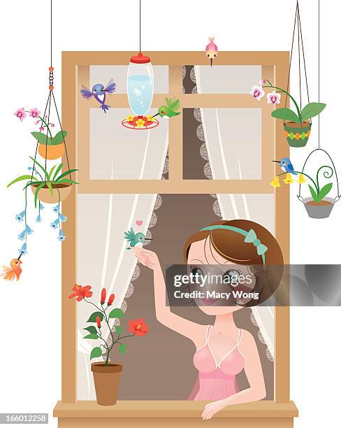 cute kawaii hummingbirds window girl - hanging basket stock illustrations