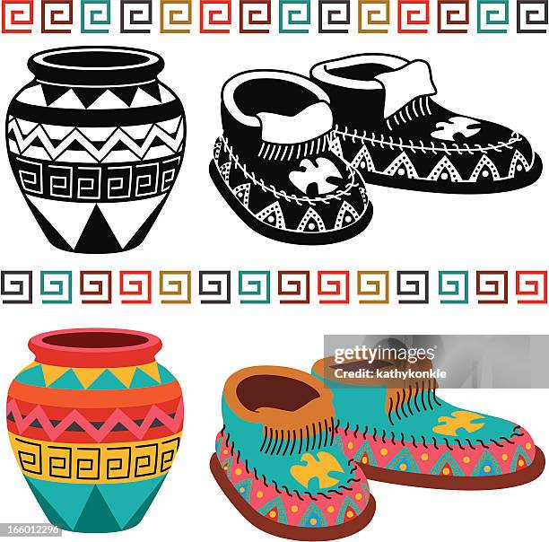 native american pottery and moccasins - american indian pottery stock illustrations