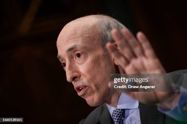 Securities and Exchange Commission chairman Gary Gensler testifies during a Senate Banking Committee hearing on Capitol Hill September 12, 2023 in...