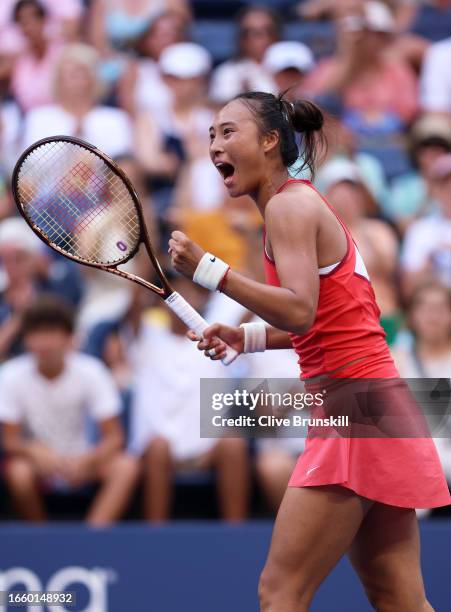 Qinwen Zheng of China reacts to defeating Ons Jabeur of Tunisia during their Women's Singles Fourth Round match on Day Eight of the 2023 US Open at...