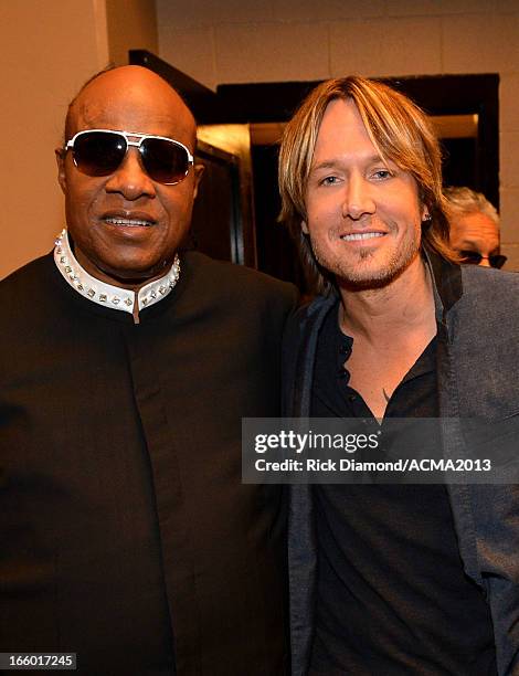 Musicians Stevie Wonder and Keith Urban attend the 48th Annual Academy of Country Music Awards at the MGM Grand Garden Arena on April 7, 2013 in Las...