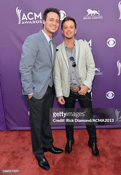 Musicians Eric Gunderson and Stephen Barker Liles of Love and Theft attend the 48th Annual Academy of Country Music Awards at the MGM Grand Garden...