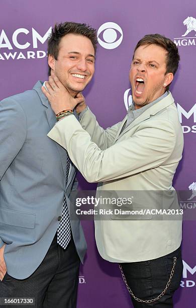 Musicians Eric Gunderson and Stephen Barker Liles of Love and Theft attend the 48th Annual Academy of Country Music Awards at the MGM Grand Garden...