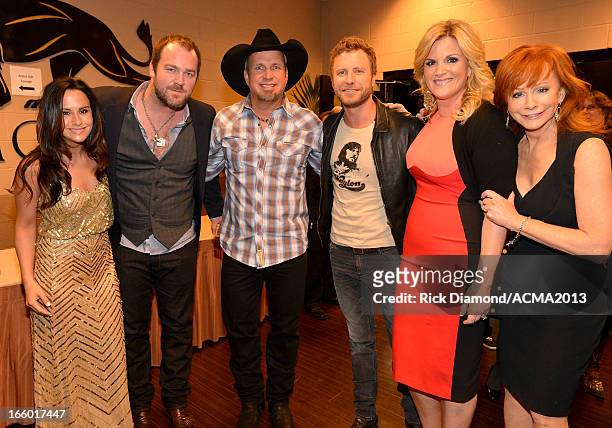 Musicians Lee Brice, Garth Brooks and Dierks Bentley and Reba McEntire with guests attend the 48th Annual Academy of Country Music Awards at the MGM...