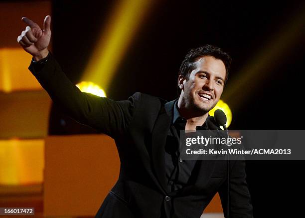 Host Luke Bryan speaks onstage during the 48th Annual Academy of Country Music Awards at the MGM Grand Garden Arena on April 7, 2013 in Las Vegas,...