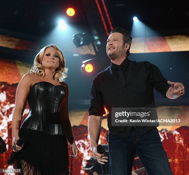 Musicians Miranda Lambert and Blake Shelton perform onstage during the 48th Annual Academy of Country Music Awards at the MGM Grand Garden Arena on...