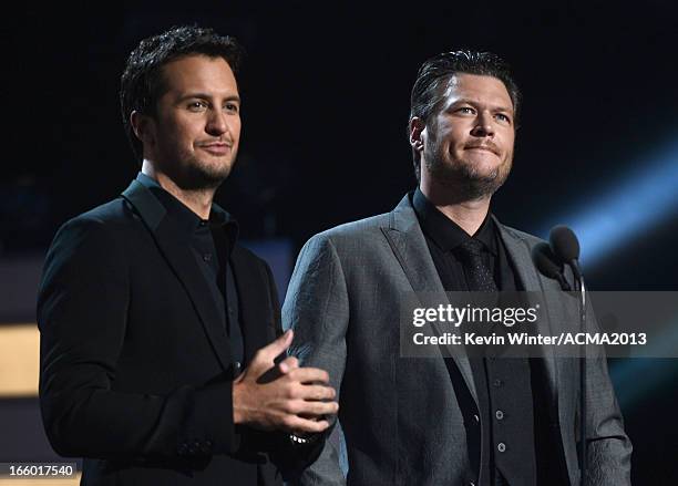 Hosts Luke Bryan and Blake Shelton speak onstage during the 48th Annual Academy of Country Music Awards at the MGM Grand Garden Arena on April 7,...