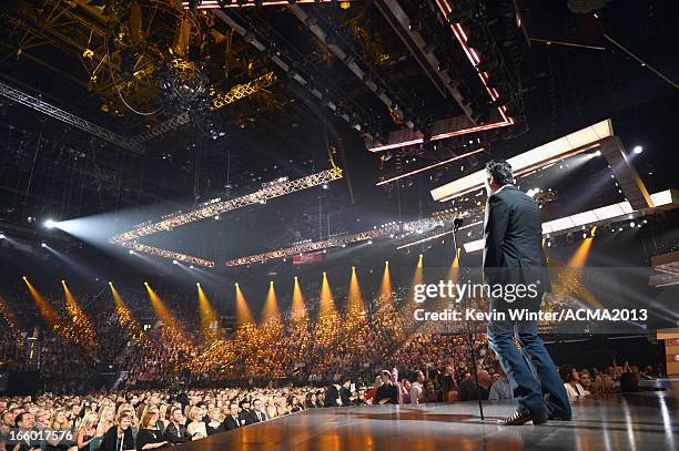 Host Blake Shelton performs onstage during the 48th Annual Academy of Country Music Awards at the MGM Grand Garden Arena on April 7, 2013 in Las...